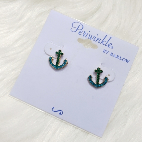 NEW Periwinkle by Barlow Turquoise & Green Anchor Rhinestone Post Earring - Picture 4 of 5